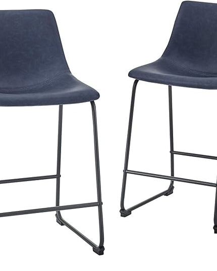 Walker Edison Douglas Urban Industrial Faux Leather Armless Dining Chairs Set of 2 and Counter Chairs Set of 2, Navy Blue - LeafyLoom