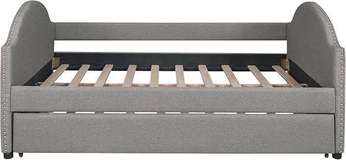 Full Size Upholstered Daybed with Twin Trundle Bed and Wood Slat for Living Room Bedroom, Gray - LeafyLoom