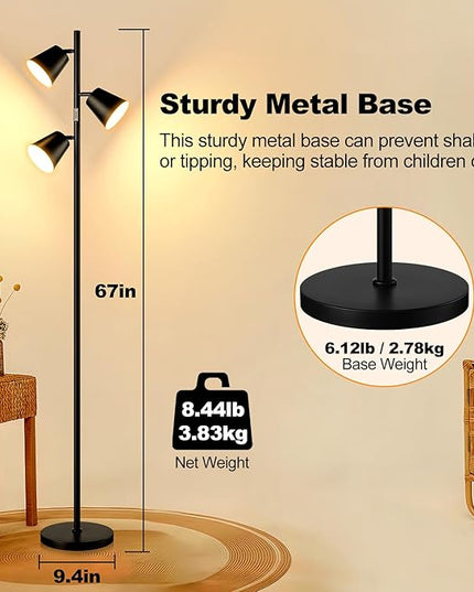 [2024 New]Dimmable LED Floor Lamp with Remote & Touch Control, 3 x 800LM Modern Tree Standing Lamp, 4 Color Temperatures, 3 Rotatable LED Light Floor Lamps for Living Room Bedroom Office-Matte Black - LeafyLoom