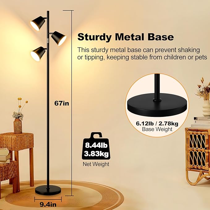 [2024 New]Dimmable LED Floor Lamp with Remote & Touch Control, 3 x 800LM Modern Tree Standing Lamp, 4 Color Temperatures, 3 Rotatable LED Light Floor Lamps for Living Room Bedroom Office-Matte Black - LeafyLoom