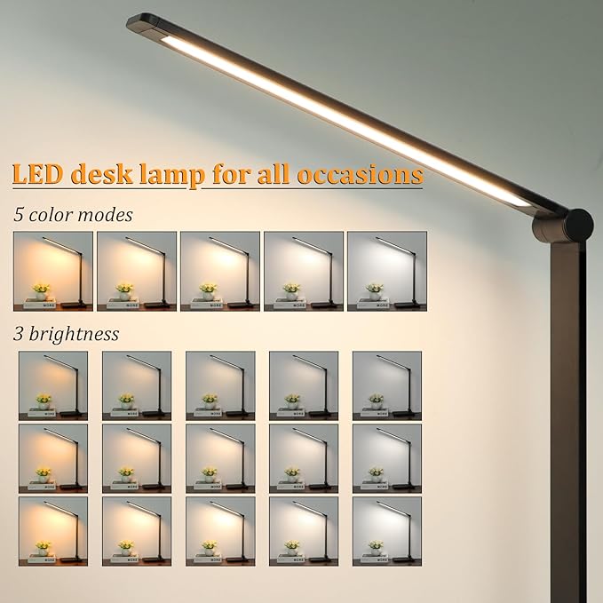 LED Desk Lamp with USB Ports,Touch Desk Lamps for Home Office with 5 Color Modes,3 Brightness Desk Light with Small Night Light,Reading Lamp Table Lamp for Bedroom Bedside Study Black （with adapter） - LeafyLoom
