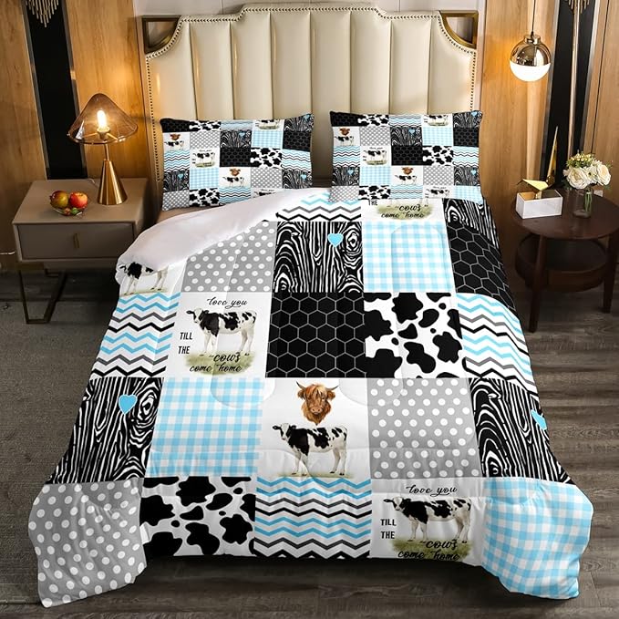 Erosebridal Kawaii Cow Print Comforter Set - Full Size, Blue Black Grey, 3 Pieces - LeafyLoom