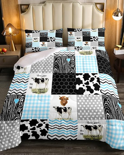 Cute Cow Print Comforter Set Twin Size Kawaii Highland Cow Bedding Set Bedroom Decor Honeycomb Plaid Pattern Geometric Stripes Down Comforter Cartoon Farm Animals Duvet Set, Blue Black Grey - LeafyLoom
