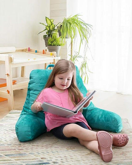 Clara Clark Reading Pillow for Kids, Small Back Pillow for Sitting Up in Bed, Memory Foam Back Support Pillow, Reading Pillows for Sitting in Bed Teal Gaming Pillow for Bed Chair with Arms and Pockets - LeafyLoom