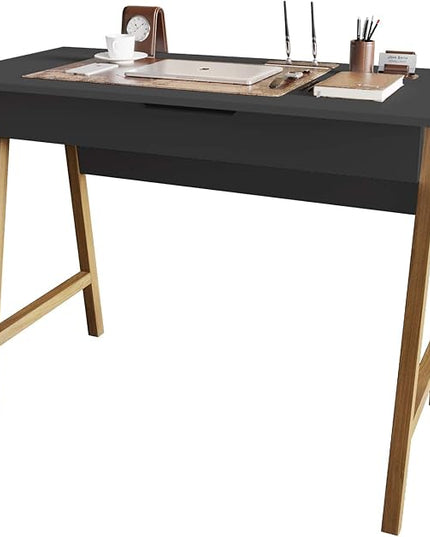 PARMA 42 Inch Modern Desk - Home & Office Small Computer Desk with Wide Drawer - Wooden Study Writing Minimalist Desk with Storage for Small Space, Bedroom & Workstations - Student Desk/Table (Black) - LeafyLoom