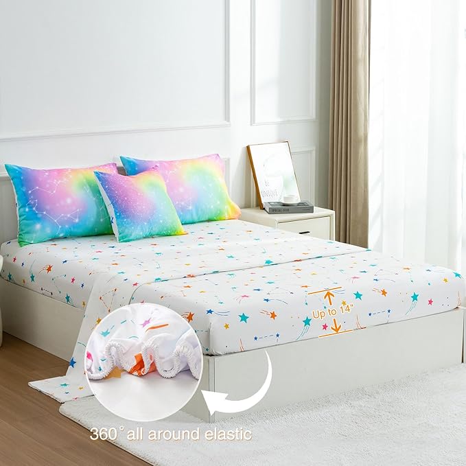 Btargot 6 Piece Tie Dye Constellation Comforter Set Bed in A Bag, Galaxy Rainbow Stars Pattern Bedding Set for Boys Girls Teen, Queen Multi - LeafyLoom