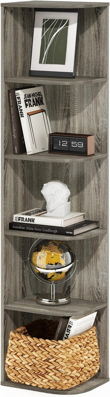 Furinno Pasir 5-Tier Corner Open Shelf Bookcase, French Oak - LeafyLoom
