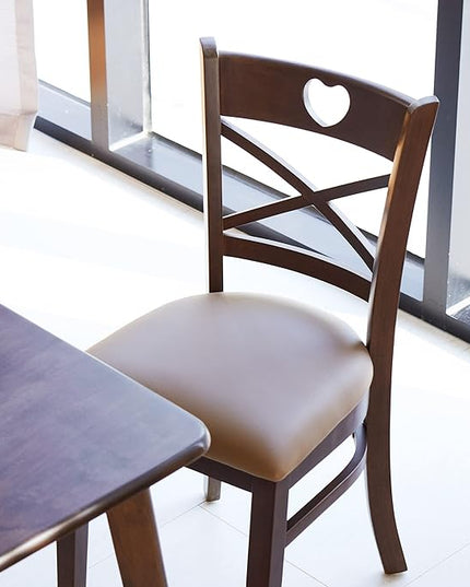 Livinia Heart X-Back Dining Chair Set of 2, Solid Malaysian Oak PU Leather Upholstered Cushion Seat Wooden Cross Back Side Chairs (Walnut) - LeafyLoom