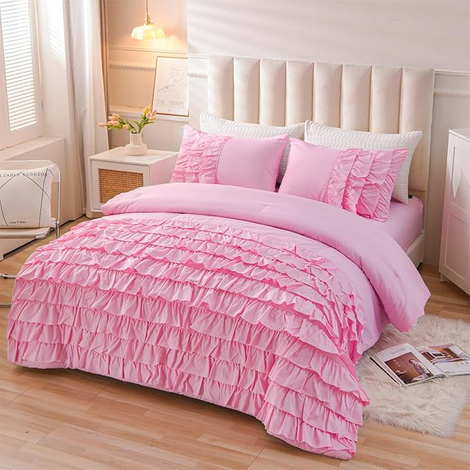A Nice Night Waterfall Flutter Ruffle 3PCS Comforter Set,Chic Ruffled Textured Princess Bedding Set,DarkPink,Queen - LeafyLoom