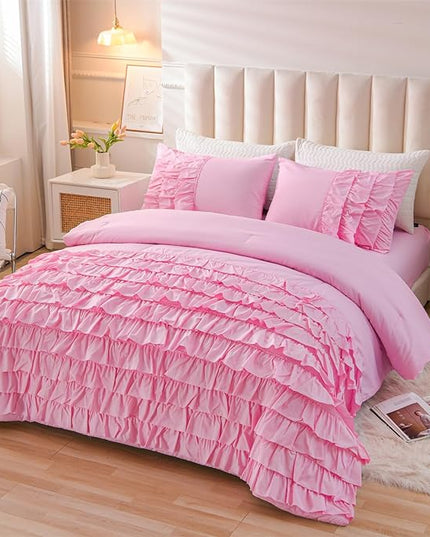 A Nice Night Waterfall Flutter Ruffle 3PCS Comforter Set,Chic Ruffled Textured Princess Bedding Set,DarkPink,Full - LeafyLoom