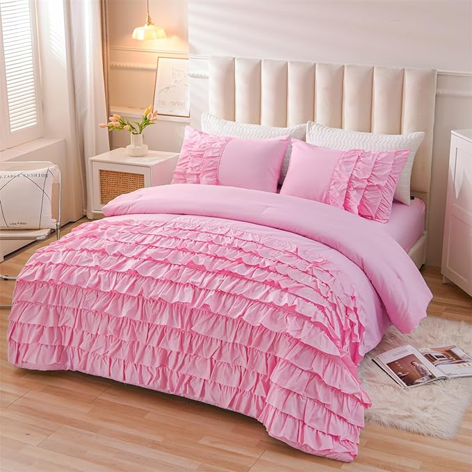 A Nice Night Waterfall Flutter Ruffle 3PCS Comforter Set,Chic Ruffled Textured Princess Bedding Set,DarkPink,Full - LeafyLoom