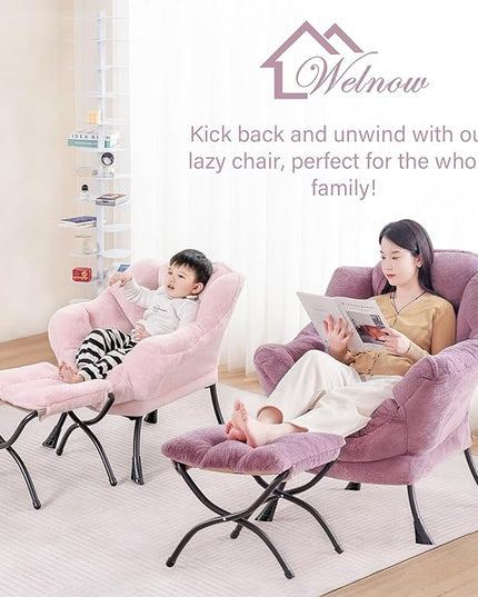 Welnow Lazy Chair with Ottoman, Modern Lounge Accent Chair with Armrests and a Side Pocket, Leisure Sofa Chair Set, Reading Chair with Footrest for Small Space, Corner Chair, Plush Dark Pink - LeafyLoom