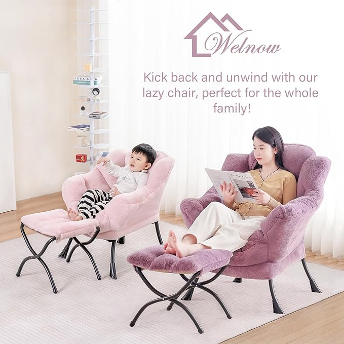 Welnow Lazy Chair with Ottoman, Modern Lounge Accent Chair with Armrests and a Side Pocket, Leisure Sofa Chair Set, Reading Chair with Footrest for Small Space, Corner Chair, Plush Dark Pink - LeafyLoom