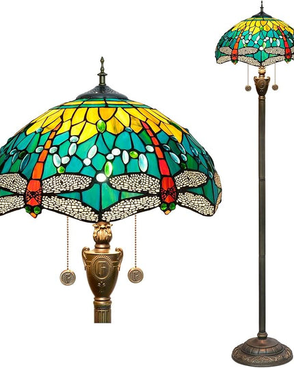 Tiffany floor lamp stained glass lamps for living room bedroom office rustic corner standing tall vintage light kids unique Pulling chain Green Dragonfly style lighting - LeafyLoom