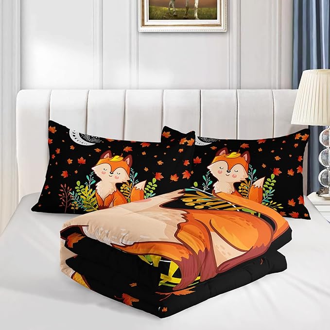 Cartoon Fox Comforter Set 3-Pieces Cute Fox Bedding Set Moon Plants Leaves Printed Quilt Set for Kids Boys Girls with 2 Pillowcases Queen - LeafyLoom