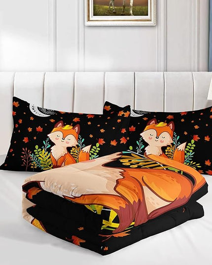 Cartoon Fox Comforter Set 3-Pieces Cute Fox Bedding Set Moon Plants Leaves Printed Quilt Set for Kids Boys Girls with 2 Pillowcases Twin - LeafyLoom