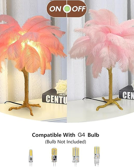 Ostrich Feather Desk Lamp Bedside Pink Cute Lamp Gold Resin Table Lamp, Coconut Tree Feather Lamp for Bedroom Living Room Hallway Wedding Girls Bedroom Night Light G4 Base - LeafyLoom