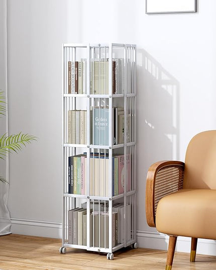 Rotating Bookcase White 4 Tiers Metal Bookshelf Large Capacity for Small Space with Storage and Creative Multi-Layer Shelves,Magazine&Books for Bedroom Living Room Study and Office - LeafyLoom