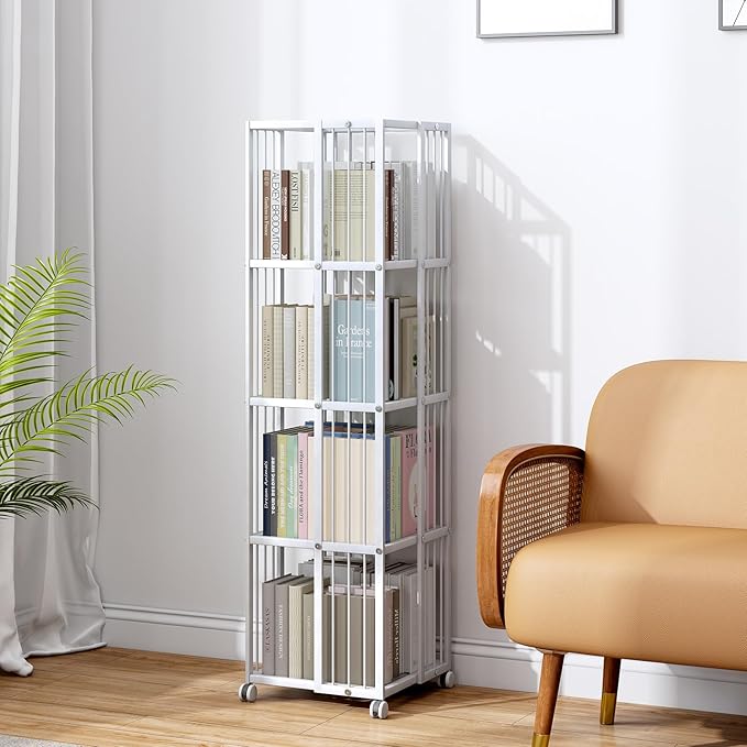 Rotating Bookcase White 4 Tiers Metal Bookshelf Large Capacity for Small Space with Storage and Creative Multi-Layer Shelves,Magazine&Books for Bedroom Living Room Study and Office - LeafyLoom
