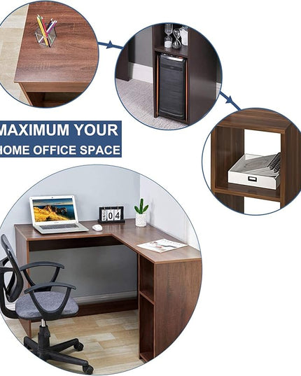 FurnitureR 47.2-Inch L-Shaped Computer Desk Home Office Study Writing Corner Gaming Table Retro Design Work Station Space-Saving for Study Room Bedroom, Walnut - LeafyLoom