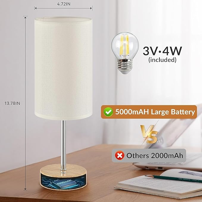 Cordless Table Lamp, Built-in 5000mAh Rechargeable Table Lamp Cordless, Stepless Dimmable Brightness Battery Powered Lamp, Wireless Lamp with Memory Function for Dining Room, Bedroom (wood) - LeafyLoom