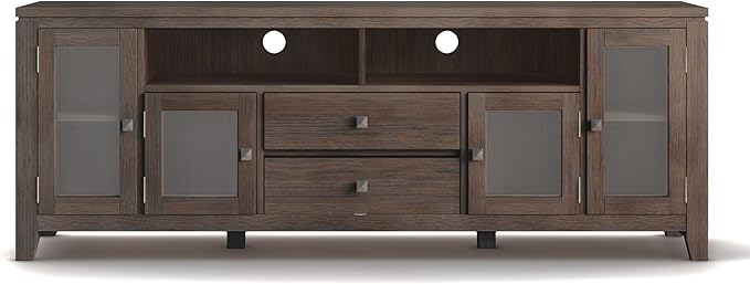 SIMPLIHOME Cosmopolitan SOLID WOOD Universal TV Media Stand, 72 inch Wide, Contemporary, Living Room Entertainment Center with Storage, for Flat Screen TVs up to 80 inches in Farmhouse Brown - LeafyLoom