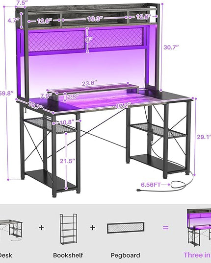 armocity 2024 Upgrade Gaming Desk with Hutch, 48'' Magic Computer Desk with LED and Outlets, Reversible Workstation Desk with Pegboard, Grey/Black - LeafyLoom