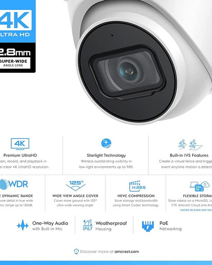 Amcrest 4K POE Security Camera System with 4K 8Ch PoE NVR (4) x 4K (8 Megapixel) Turret IP POE Cameras (3840x2160) Pre Installed 2TB Hard Drive NV4108E-IP8M-T2599EW4-2TB Amcrest
