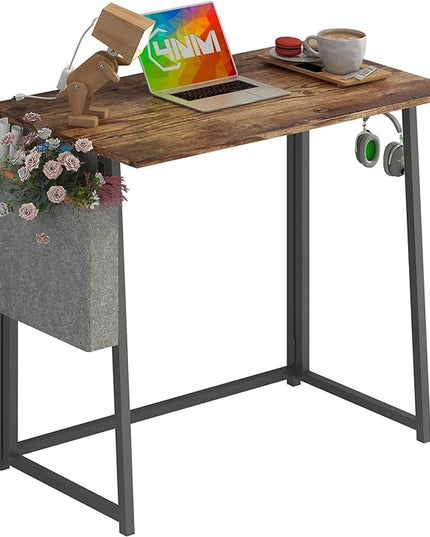 4NM 31.5" Small Desk with Storage Bag, Simple Assembly Folding Computer Desk Home Office Desk Study Writing Table for Small Space Offices - Rustic Brown and Black - LeafyLoom