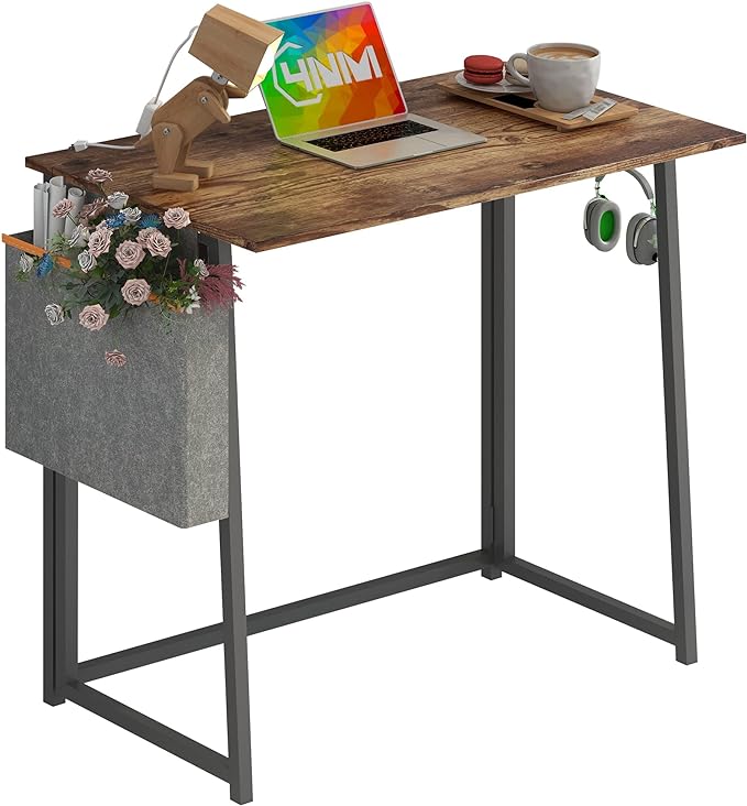 4NM 31.5" Small Desk with Storage Bag, Simple Assembly Folding Computer Desk Home Office Desk Study Writing Table for Small Space Offices - Rustic Brown and Black - LeafyLoom