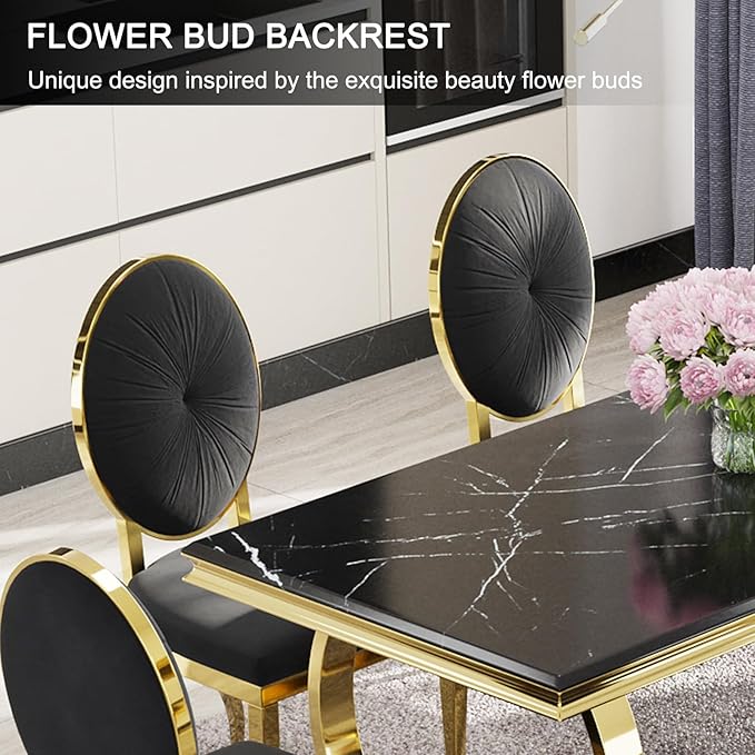 ACEDÉCOR Black and Gold Dining Chairs Set of 6, Black Velvet Upholstered Dining Room Chair with Polished Gold X Shaped Legs, Oval Back Dining Chairs for Kitchen, Dining Room, Living Room,Department - LeafyLoom
