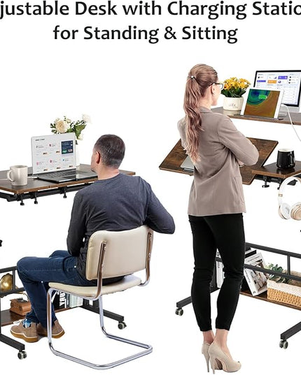 Hadulcet Mobile Standing Desk with Charging Station, Stand Up Laptop Desk Mobile Workstation for Home Office Classroom with Wheels, 31.49 x 23.6 in Rustic Brown - LeafyLoom