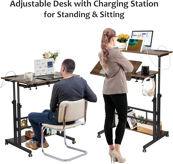 Hadulcet Mobile Standing Desk with Charging Station, Stand Up Laptop Desk Mobile Workstation for Home Office Classroom with Wheels, 31.49 x 23.6 in Rustic Brown - LeafyLoom