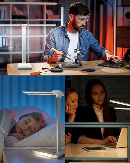 Desk Lamp Dimmable Table Lamp Foldable Reading Lamp Double Swing Arm Desk Light with USB Charging Port,5 Light Modes, Touch Control, Auto-Off Timer, Eye-Caring Led Desk Lamp (Silver) - LeafyLoom