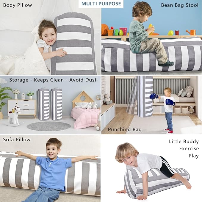 Stuffed Animal Storage Bean Bag Cover for Kids, Bean Bag Stuffed Animal Storage for Boys and Girls - Organize, Sit, Play, Box Help Promote Comfort - X-Large, Cylinder, Premium Cotton Canvas - LeafyLoom