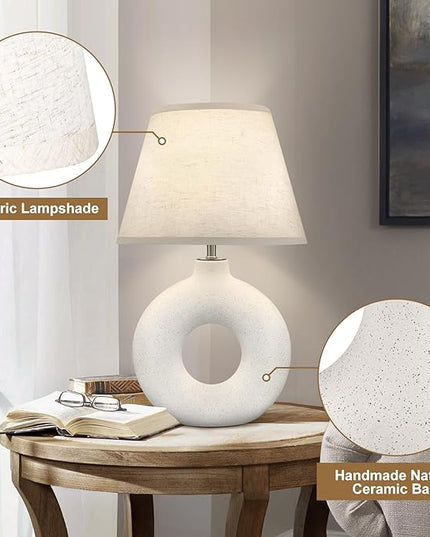 Boho Table Lamp for Living Room Bedroom, 21" Modern White Ceramic Bedside Lamps 3 Color Temperature Farmhouse Rustic Table Lamps for Night Stands, Dorm, Office, Home Décor (Bulb Included) - LeafyLoom