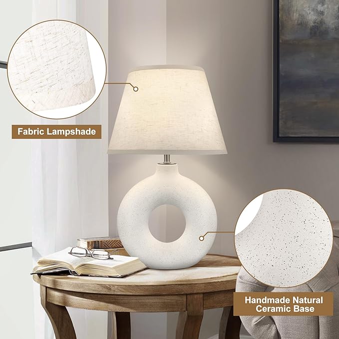 Boho Table Lamp for Living Room Bedroom, 21" Modern White Ceramic Bedside Lamps 3 Color Temperature Farmhouse Rustic Table Lamps for Night Stands, Dorm, Office, Home Décor (Bulb Included) - LeafyLoom