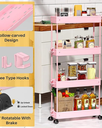 SPACEKEEPER Slim Rolling Storage Cart 4 Tier Bathroom Organizer Utility Cart Mobile Shelving Unit Tower Rack for Kitchen, Laundry Room, Bathroom, Narrow Places, Pink - LeafyLoom