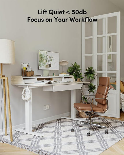 BANTI 48 x 24 Inch Electric Standing Desk with 3 Drawers, Adjustable Height Stand Up Desk, Sit Stand Home Office Desk with Storage Shelf, Light Walnut Top - LeafyLoom