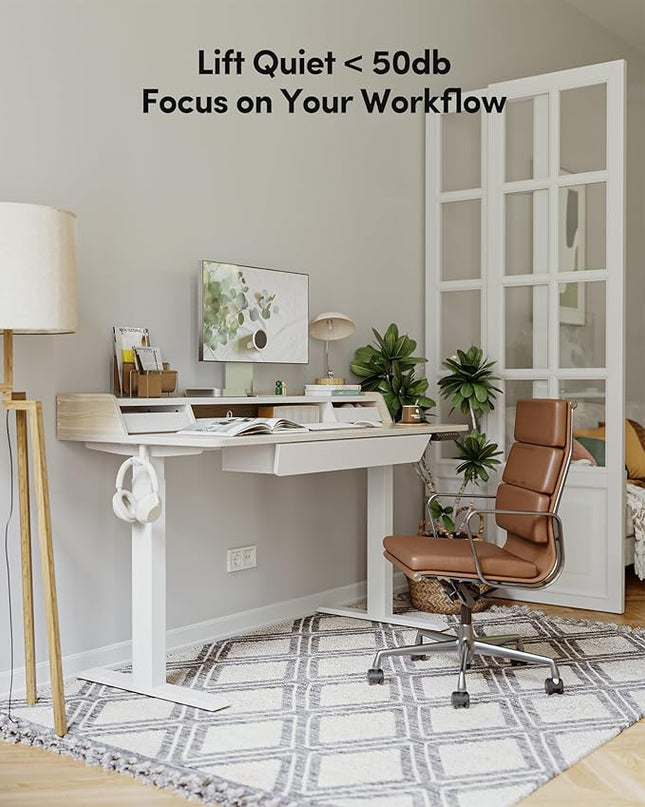 BANTI 48 x 24 Inch Electric Standing Desk with 3 Drawers, Adjustable Height Stand Up Desk, Sit Stand Home Office Desk with Storage Shelf, Light Walnut Top - LeafyLoom