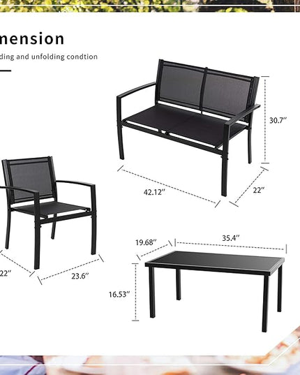 Shintenchi 4 Pieces Patio Furniture Set All Weather Textile Fabric Outdoor Conversation Set, with Glass Coffee Table, Loveseat, 2 Single Chairs for Home, Garden, Lawn, Porch（Black） - LeafyLoom