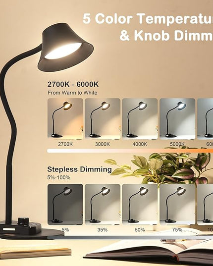 BOHON LED Desk Lamp for Home Office, Fully Dimmable Bedside Lamps with USB A and C Charging Port, 5 Colors Reading Lamp with Night Light, Auto Timer, Table Lamp for College Dorm Room Black - LeafyLoom