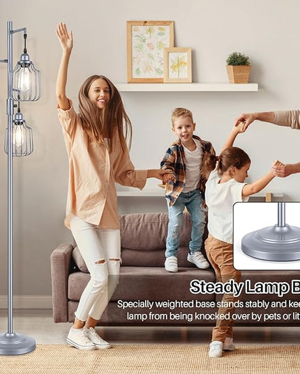 Floor Lamp with 3 LED Edsion Bulbs, Farmhouse Tall Standing Lamp for Living Room, Dimmable Industrial Rustic Grey Tree Bright Vintage Pole Light with Cage Shades for Bedroom Home Decor - LeafyLoom