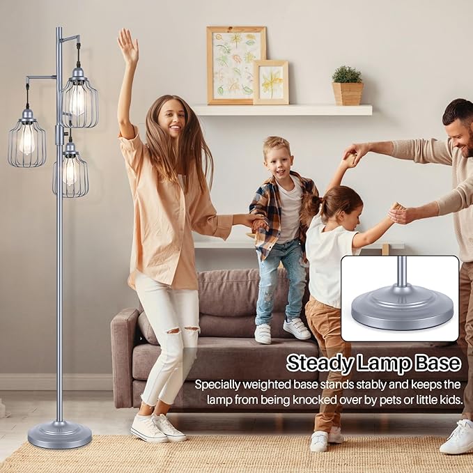 Floor Lamp with 3 LED Edsion Bulbs, Farmhouse Tall Standing Lamp for Living Room, Dimmable Industrial Rustic Grey Tree Bright Vintage Pole Light with Cage Shades for Bedroom Home Decor - LeafyLoom