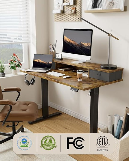 63 x 24 Inches Height Adjustable Electric Standing Desk with 2 Drawers, Stand Up Electric Desk Adjustable Height, Sit Stand Computer Gaming Table with Splice Board, Rustic Brown - LeafyLoom