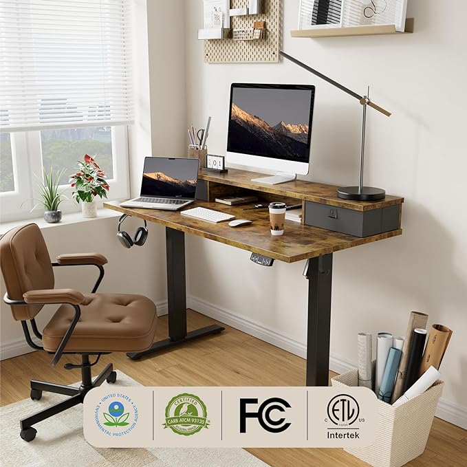 55 x 24 Inches Height Adjustable Electric Standing Desk with 2 Drawers, Stand Up Electric Desk Adjustable Height, Sit Stand Computer Gaming Table with Splice Board, Rustic Brown - LeafyLoom