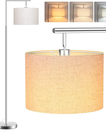 FAGUANGAO Silver Floor Lamp with 3 Color Tempratures LED Bulb, Modern Standing Lamp with Hanging Drum Shade for Living Room, Bedroom, Study Room, Office(Bulb Included) - LeafyLoom