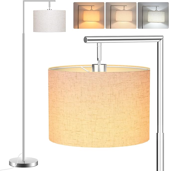 FAGUANGAO Silver Floor Lamp with 3 Color Tempratures LED Bulb, Modern Standing Lamp with Hanging Drum Shade for Living Room, Bedroom, Study Room, Office(Bulb Included) - LeafyLoom