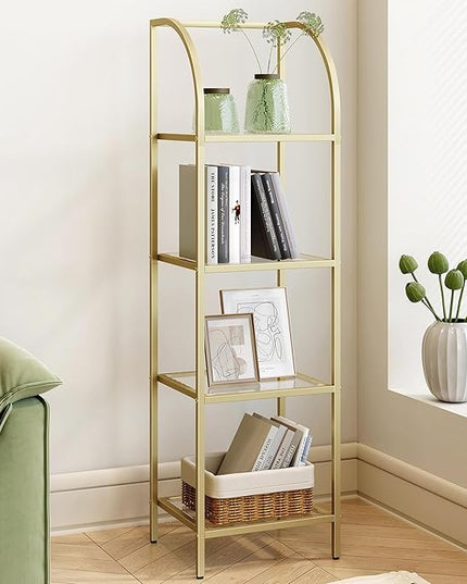 Bookcase Bookshelf, Tempered Glass Arched Bookshelf for More Storage, Slim Shelving Unit for Bedroom, Bathroom, Home Office, Steel Frame, 4 Tier Gold BC20499G - LeafyLoom