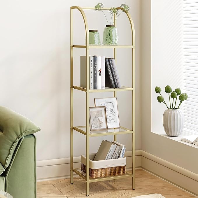 Bookcase Bookshelf, Tempered Glass Arched Bookshelf for More Storage, Slim Shelving Unit for Bedroom, Bathroom, Home Office, Steel Frame, 4 Tier Gold BC20499G - LeafyLoom